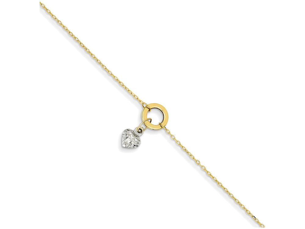 FJC Finejewelers 9 Inch 14k Gold Two-tone Circle/bright cut Puff Heart W/ 1in Ext Anklet