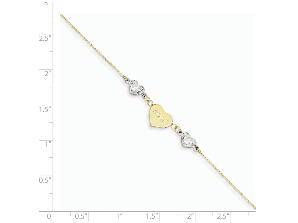 FJC Finejewelers 9 Inch 14 kt Two Tone Gold Ropa bright-cut Beads/puff Heart Mom W/ 1in Ext Anklet