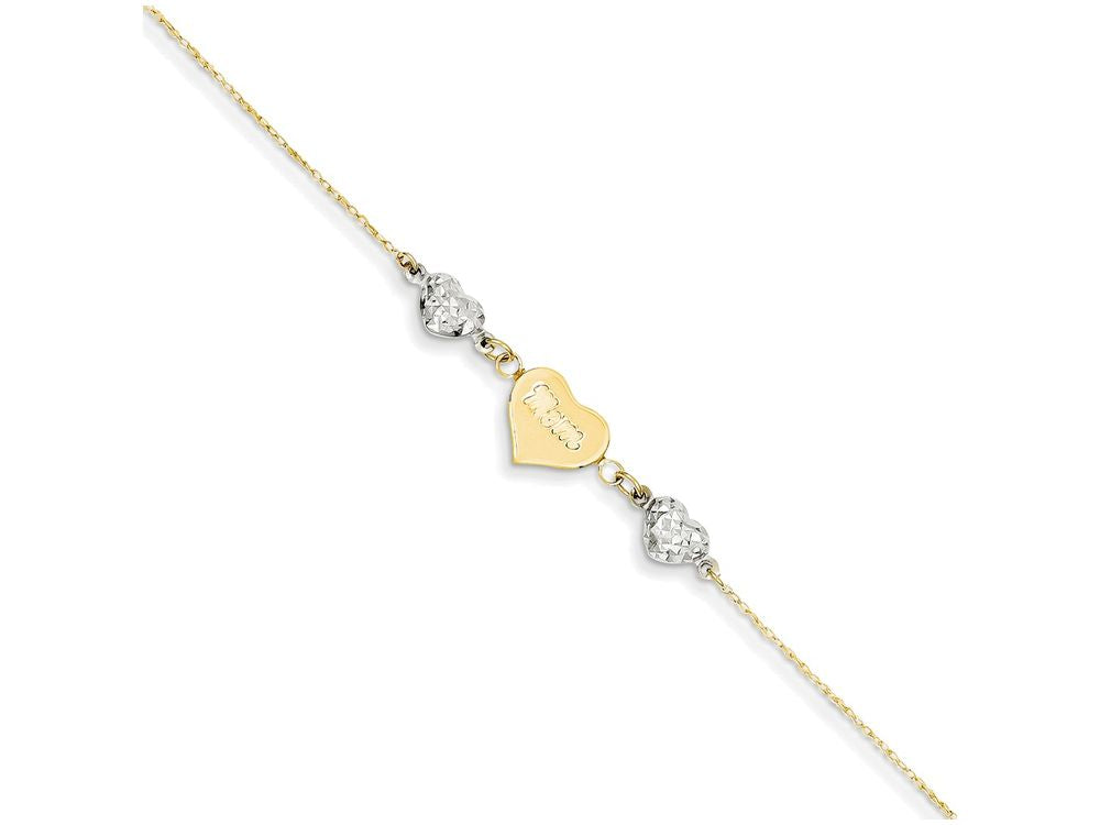 FJC Finejewelers 9 Inch 14 kt Two Tone Gold Ropa bright-cut Beads/puff Heart Love W/ 1in Ext Anklet