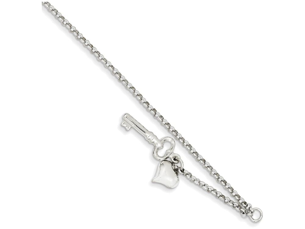 FJC Finejewelers 10 Inch 14k White Gold Adjustable Polished Puffed Heart and Key Anklet