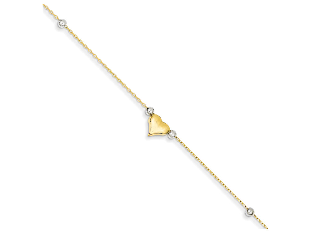 FJC Finejewelers 10 Inch 14 kt Two Tone Gold Polished Puffed Heart With Beads Anklet