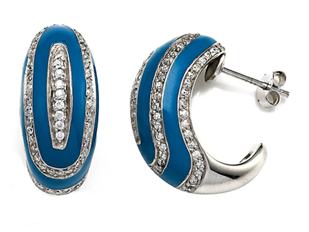 Finejewelers Blue Enamel Sterling Silver Earrings with White CZ's