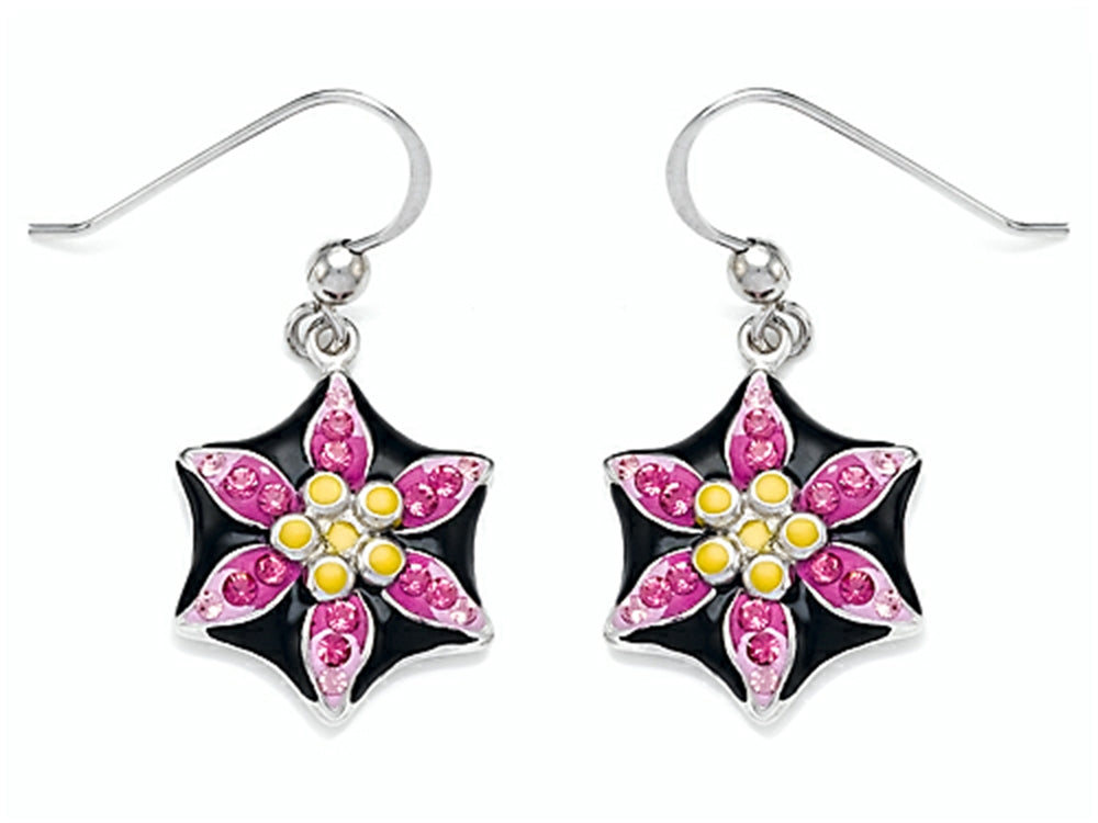 Finejewelers Black, Pink, and Yellow Enamel Sterling Silver Earrings with Pink CZ's