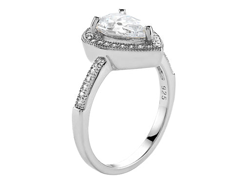 Zoe R 925 Sterling Silver Micro Pave Hand Set Cubic Zirconia (CZ) Pear Shape Engagement Ring