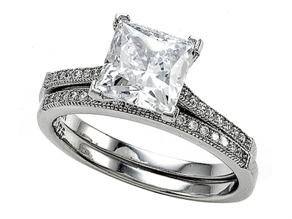 Zoe R 925 Sterling Silver Micro Pave Hand Set Cubic Zirconia (CZ) Princess Cut Center Wedding Set