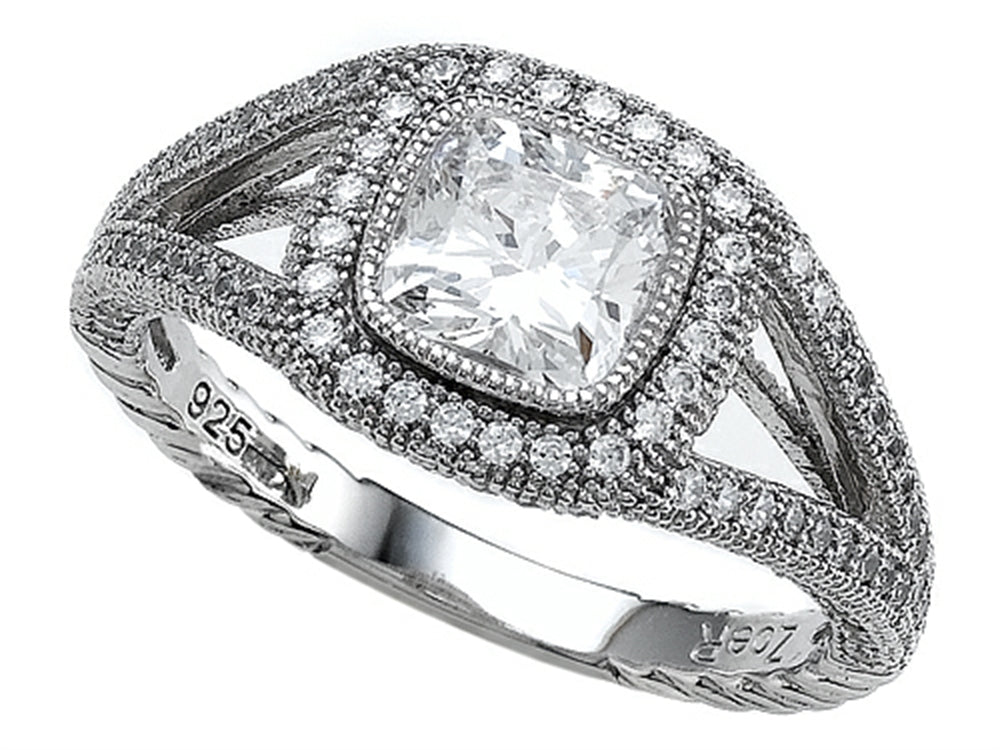 Zoe R 925 Sterling Silver Micro Pave Hand Set Cubic Zirconia (CZ) Halo Cushion-Cut Engagement Ring