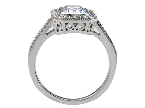 Zoe R 925 Sterling Silver Micro Pave Hand Set Cubic Zirconia (CZ) Halo Emerald Cut Center Engagement Ring
