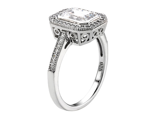 Zoe R 925 Sterling Silver Micro Pave Hand Set Cubic Zirconia (CZ) Halo Emerald Cut Center Engagement Ring