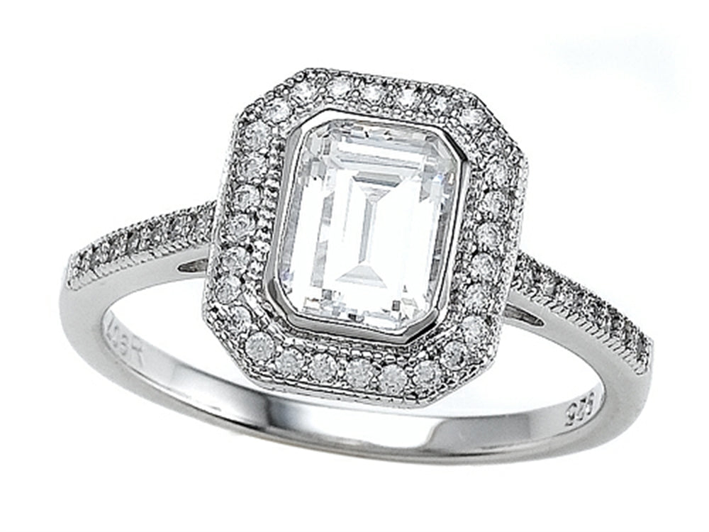 Zoe R 925 Sterling Silver Micro Pave Hand Set Cubic Zirconia (CZ) Halo Emerald Cut Center Engagement Ring