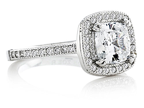 Zoe R 925 Sterling Silver Micro Pave Hand Set Cubic Zirconia Halo 6mm Cushion-Cut Center Ring Wedding Set