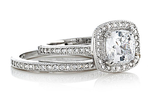 Zoe R 925 Sterling Silver Micro Pave Hand Set Cubic Zirconia Halo 6mm Cushion-Cut Center Ring Wedding Set