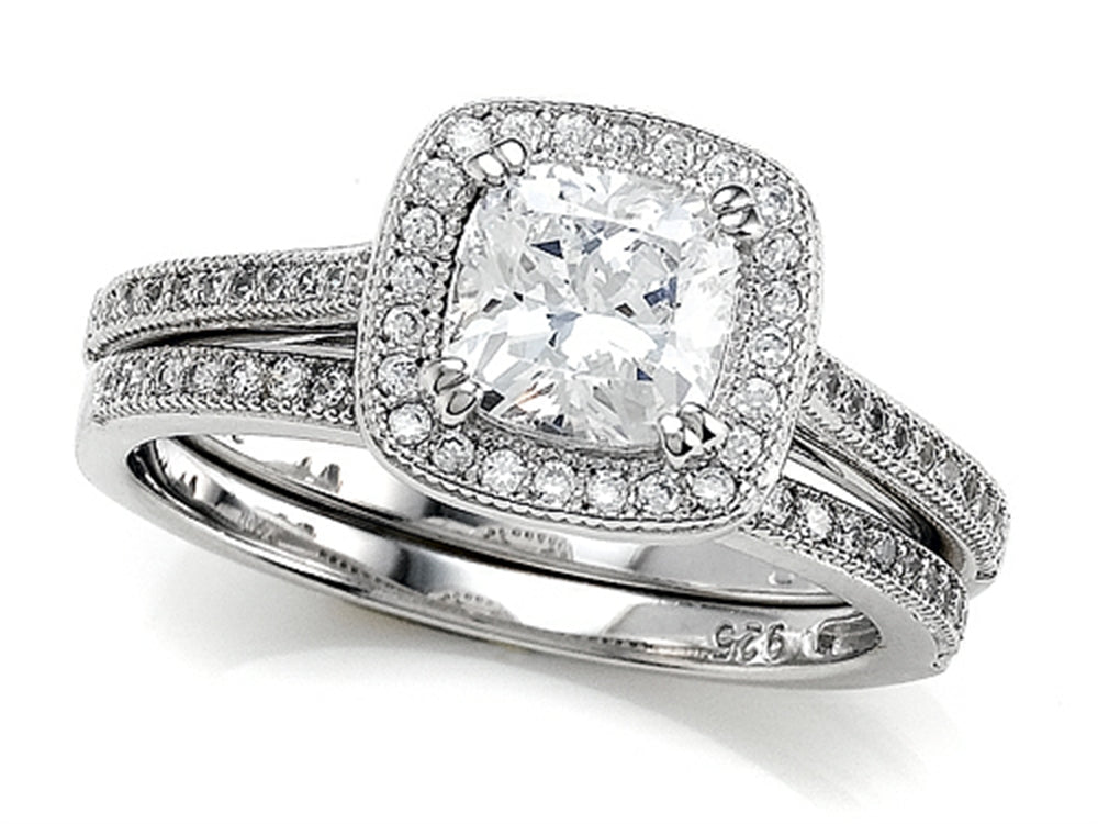 Zoe R 925 Sterling Silver Micro Pave Hand Set Cubic Zirconia Halo 6mm Cushion-Cut Center Ring Wedding Set