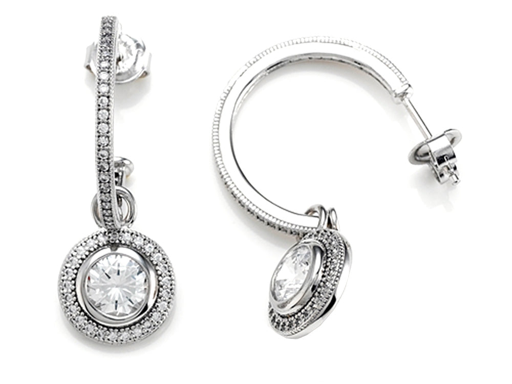 Zoe R™ 925 Sterling Silver Micro Pave Hand Set Cubic Zirconia One Row Medium Hoop Earrings and Round Dan