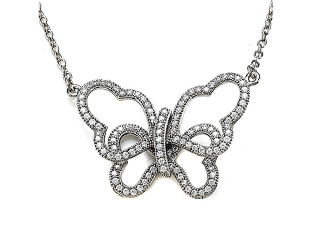 Zoe R Sterling Silver Micro Pave Hand Set Cubic Zirconia (CZ) Butterfly Pendant Necklace