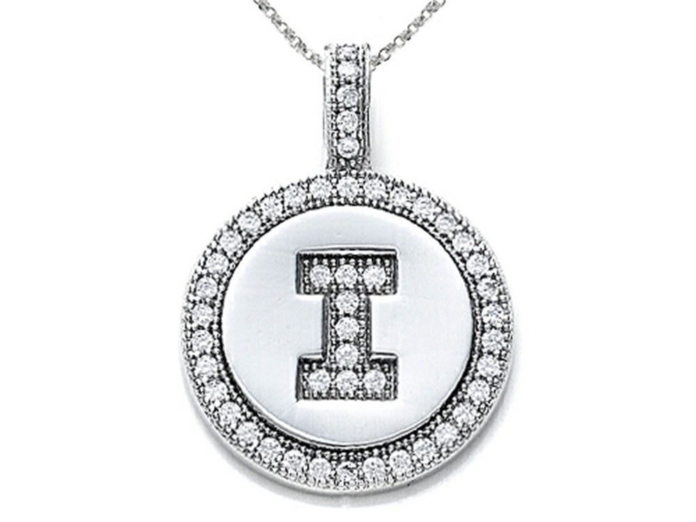 Zoe R Sterling Silver Micro Pave Hand Set Cubic Zirconia (CZ) Letter I Initial Disc Pendant Necklace