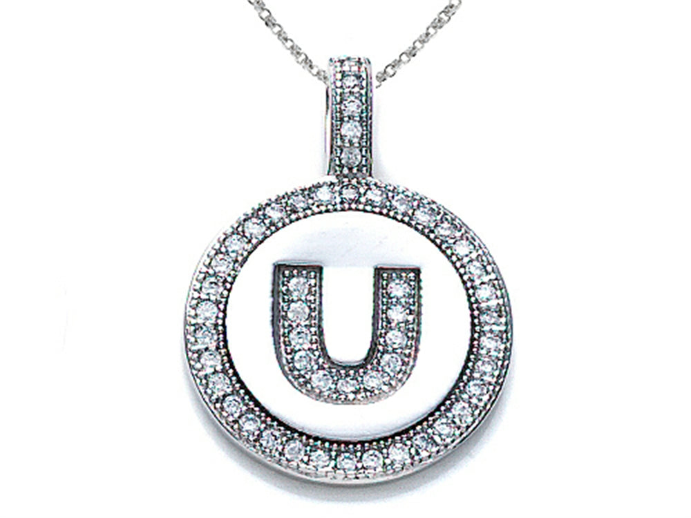 Zoe R Sterling Silver Micro Pave Hand Set Cubic Zirconia (CZ) Letter U Initial Disc Pendant Necklace