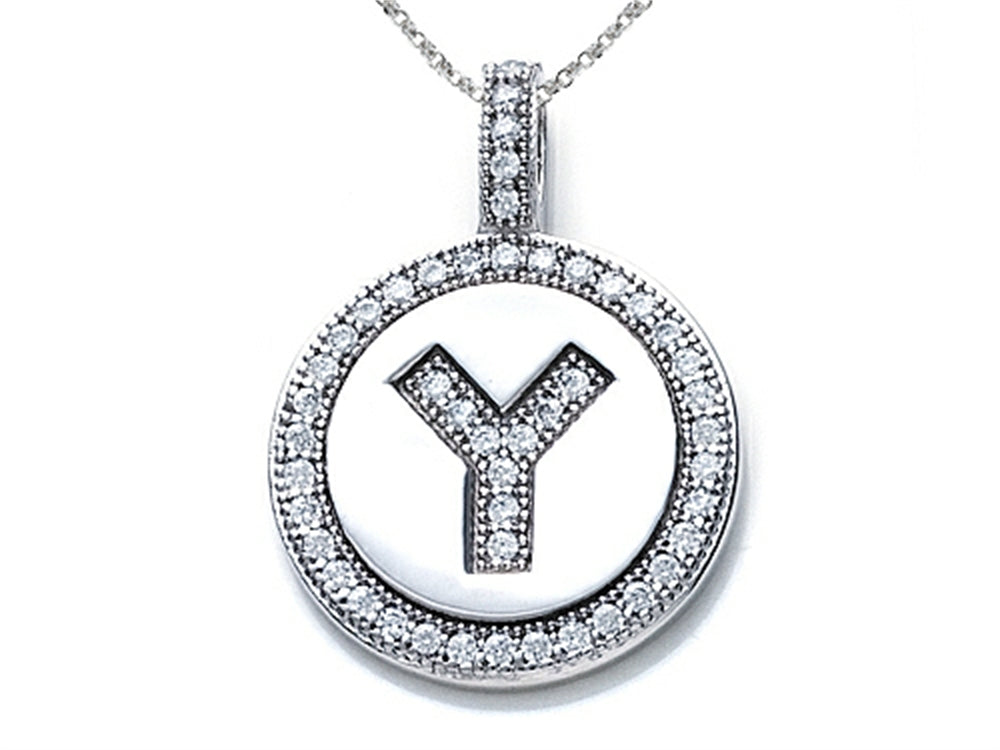 Zoe R Sterling Silver Micro Pave Hand Set Cubic Zirconia (CZ) Letter Y Initial Disc Pendant Necklace