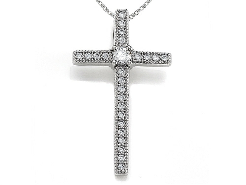 Zoe R 925 Sterling Silver Micro Pave Hand Set Cubic Zirconia (CZ) Medium Cross Pendant Necklace
