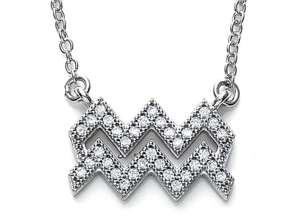 Zoe R Sterling Silver Micro Pave Hand Set Cubic Zirconia (CZ) Aquarius Zodiac Pendant Necklace On 18 Inch Adjustable Ch