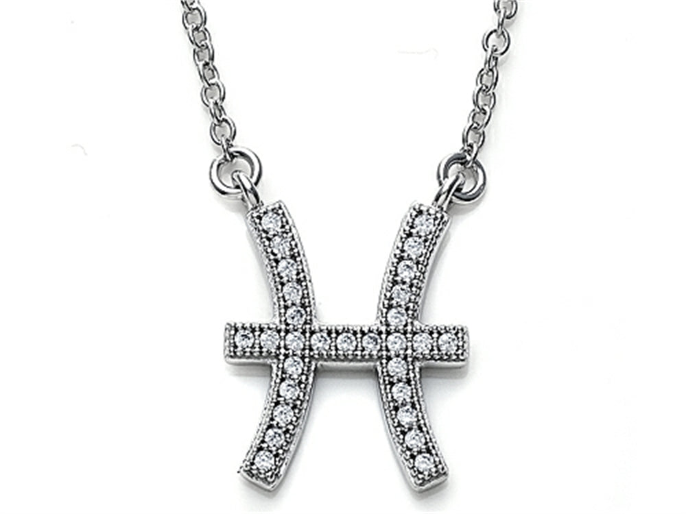 Zoe R Sterling Silver Micro Pave Hand Set Cubic Zirconia (CZ) Pisces Zodiac Pendant Necklace On 18 Inch Adjustable Chai