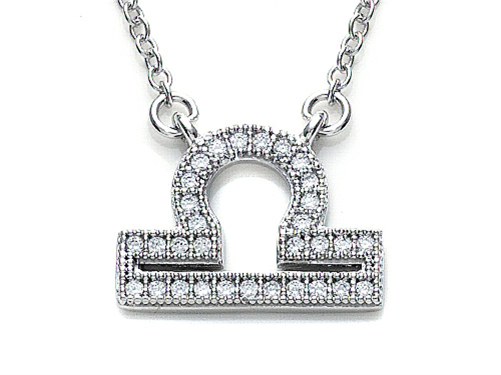 Zoe R Sterling Silver Micro Pave Hand Set Cubic Zirconia (CZ) Libra Zodiac Pendant Necklace On 18 Inch Adjustable Chain