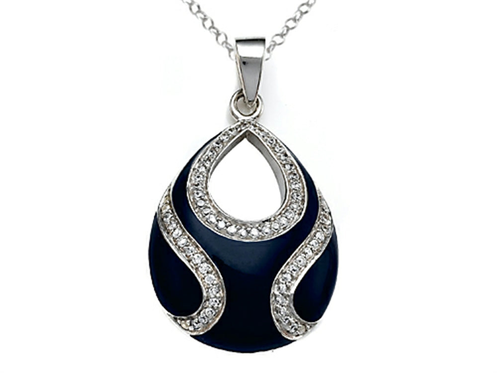 Finejewelers Blue Enamel Sterling Silver Pendant Necklace with White CZ's