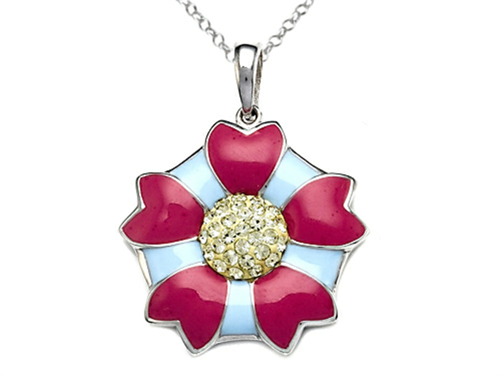 Finejewelers Blue and Pink Enamel Sterling Silver Pendant Necklace with Yellow CZ's