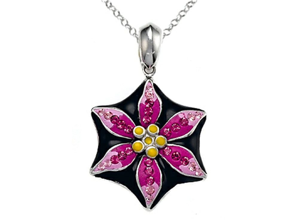Finejewelers Black, Pink, and Yellow Enamel Sterling Silver Pendant Necklace with Pink CZ's
