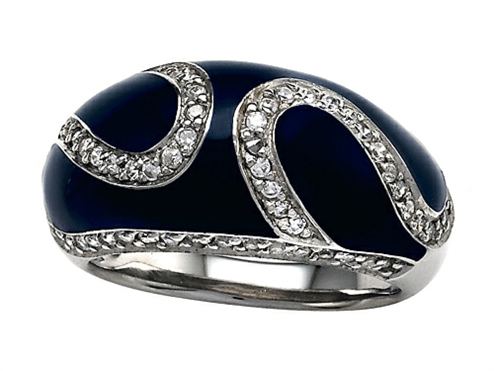 Finejewelers Blue Enamel Sterling Silver Ring with White CZ's