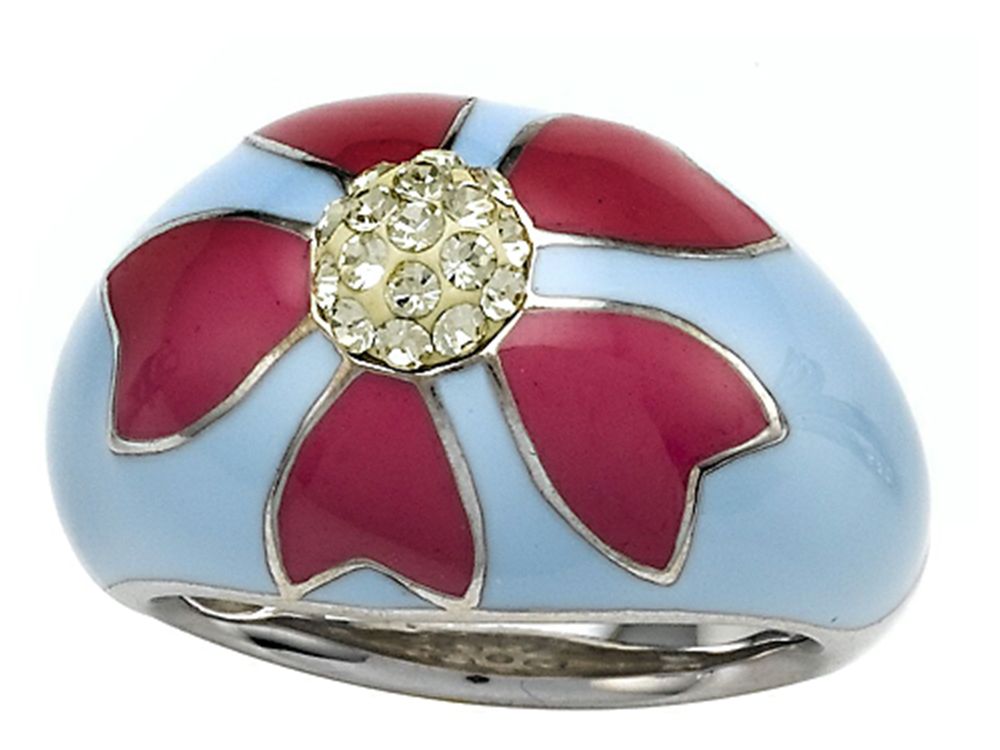 Finejewelers Blue and Pink Enamel Sterling Silver Ring with Yellow CZ's