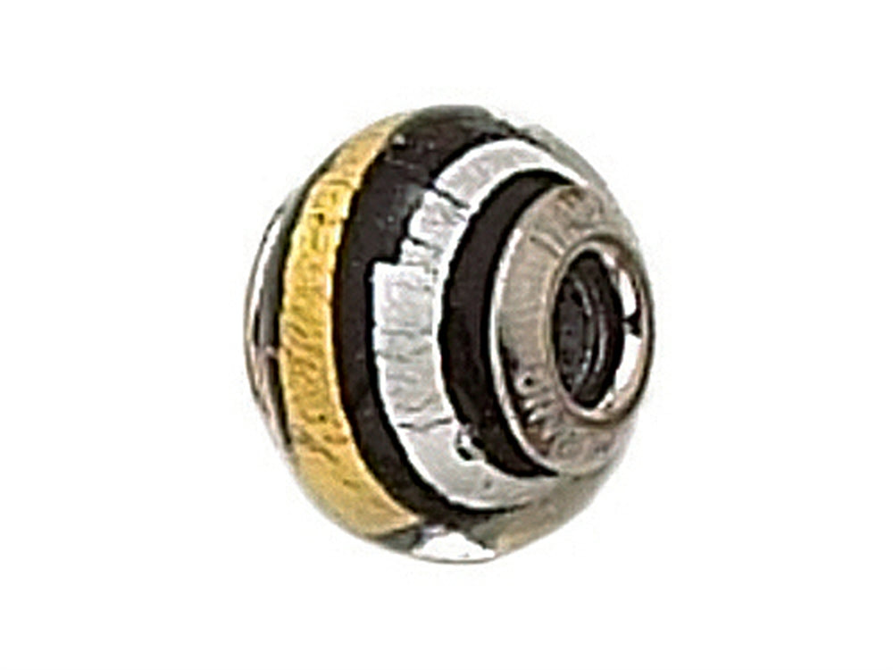 Zable Sterling Silver Black Gold/Silver Stripe Murano Glass Bead / Charm