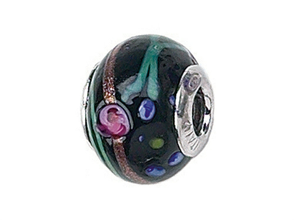 Zable Sterling Silver Black with Flowers/Multicolor Murano Glass Bead / Charm