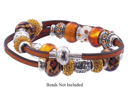 Zable 22 inches Sterling Silver Tan Leather Wrap Bracelet with Magnetic Clasp and 2 Stop Beads