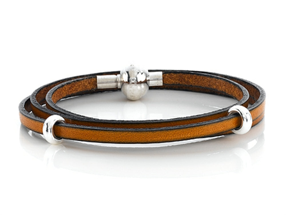 Zable 22 inches Sterling Silver Tan Leather Wrap Bracelet with Magnetic Clasp and 2 Stop Beads