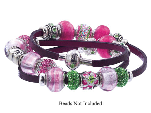 Zable 22 inches Sterling Silver Pink Leather Wrap Bracelet with Clasp and Smart Bead / Char