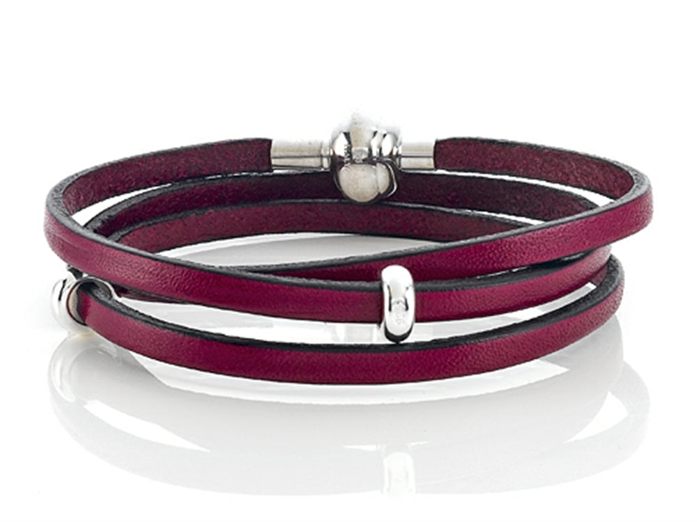Zable 22 inches Sterling Silver Pink Leather Wrap Bracelet with Clasp and Smart Bead / Char