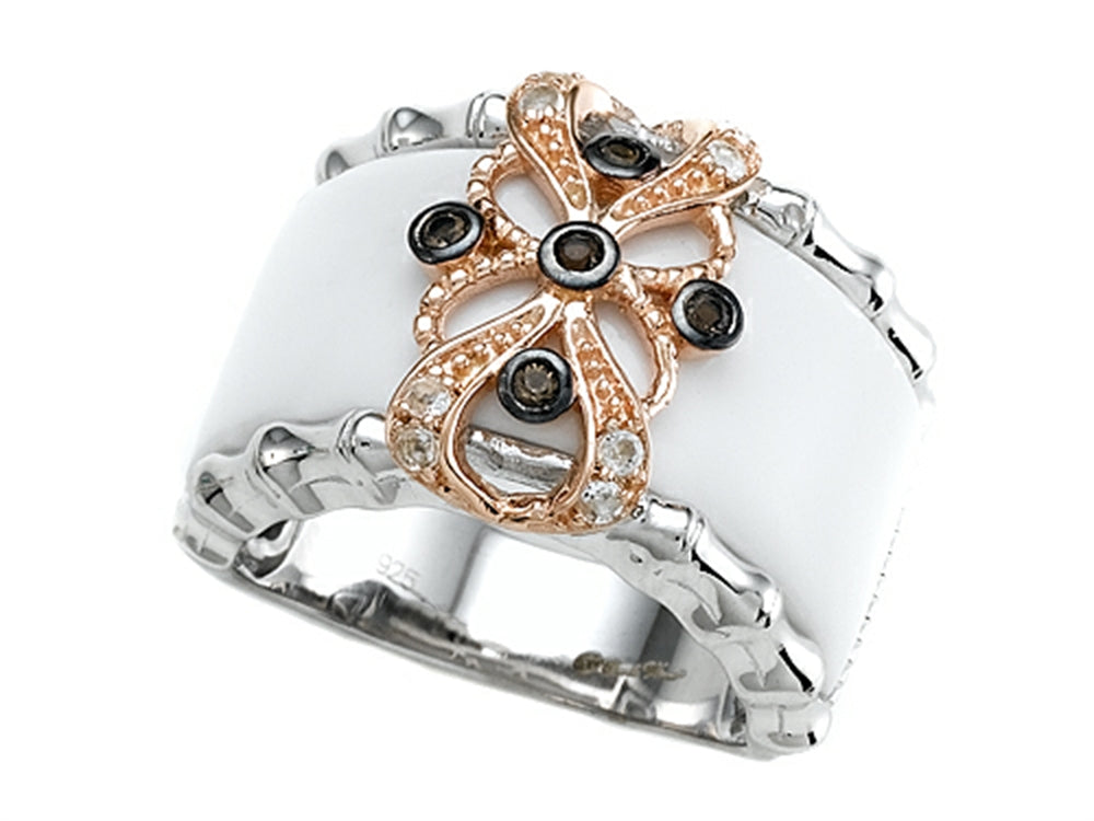 Finejewelers Design by Carlo Viani 925 Sterling Silver White Agate Ring with White Topaz and Smoky Quartz