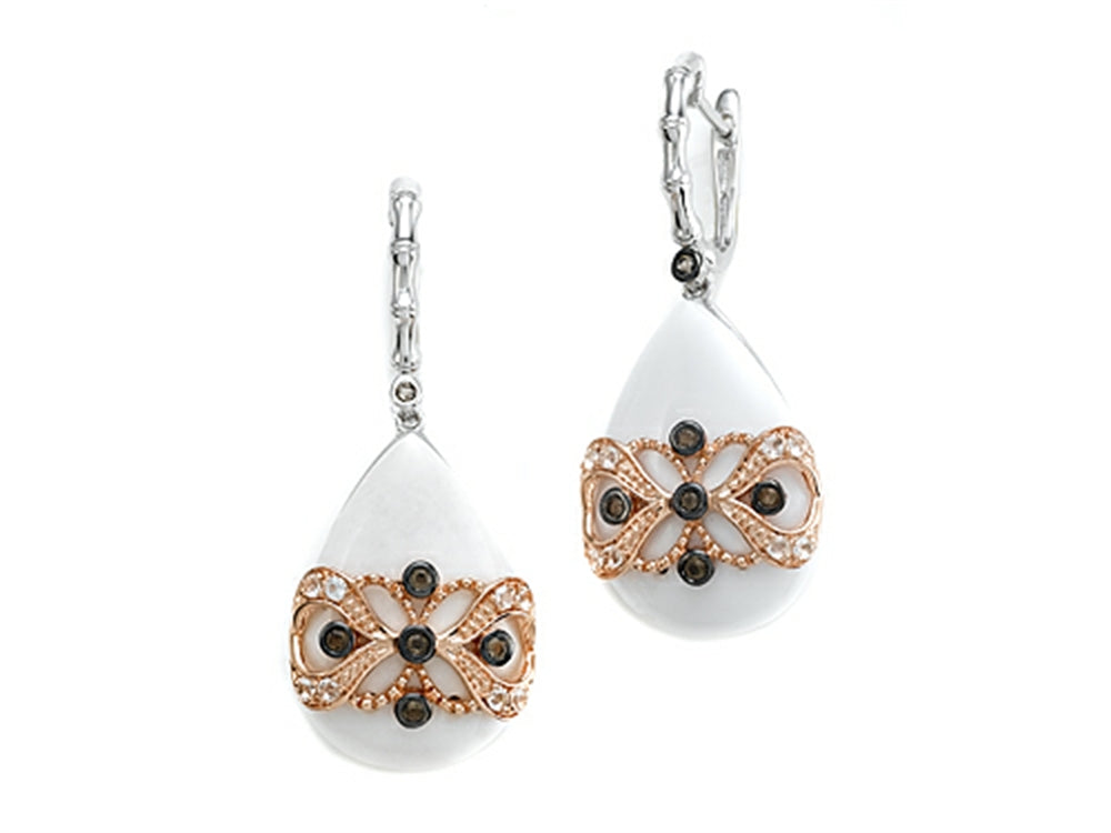 Carlo Viani 925 Sterling Silver White Agate Earrings with White Topaz and Smokey Quartz Gems