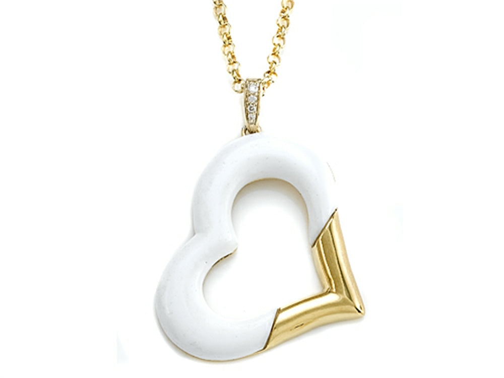Carlo Viani Yellow Gold Loop and Yellow Gold Plated Silver White Agate Heart Shape Pendant Necklace