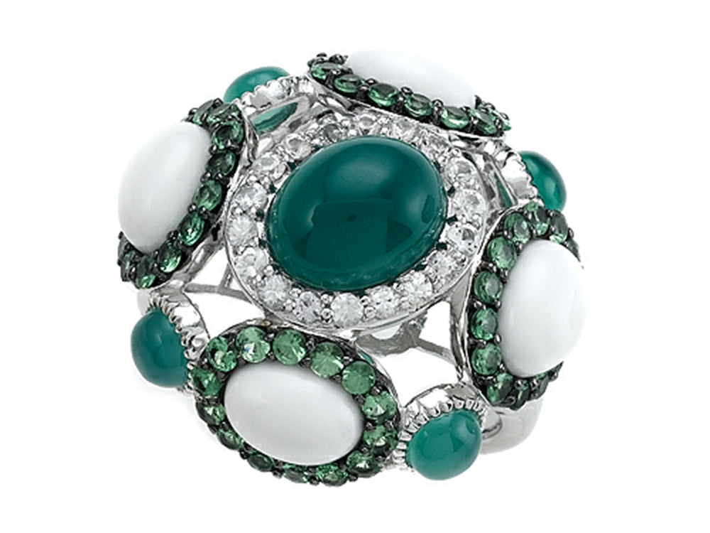 Carlo Viani 925 Sterling Silver Ring, Mix of White Sapphire, Tsavorite, White Green Agate