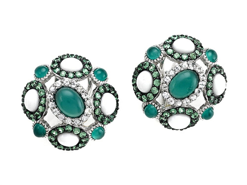 Carlo Viani 925 Sterling Silver Silver Earrings, Mix of White Sapphire, Tsavorite, White Agate, and Onyx