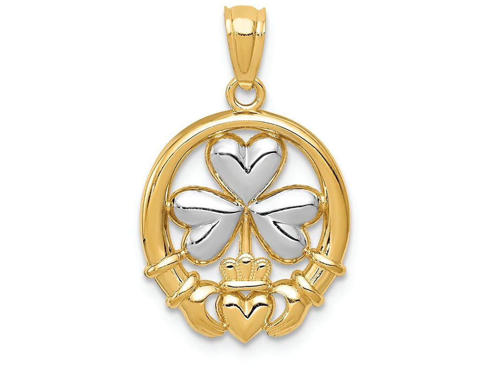 FJC Finejewelers 14k Yellow Gold with Rhodium Claddagh with Shamrock Charm