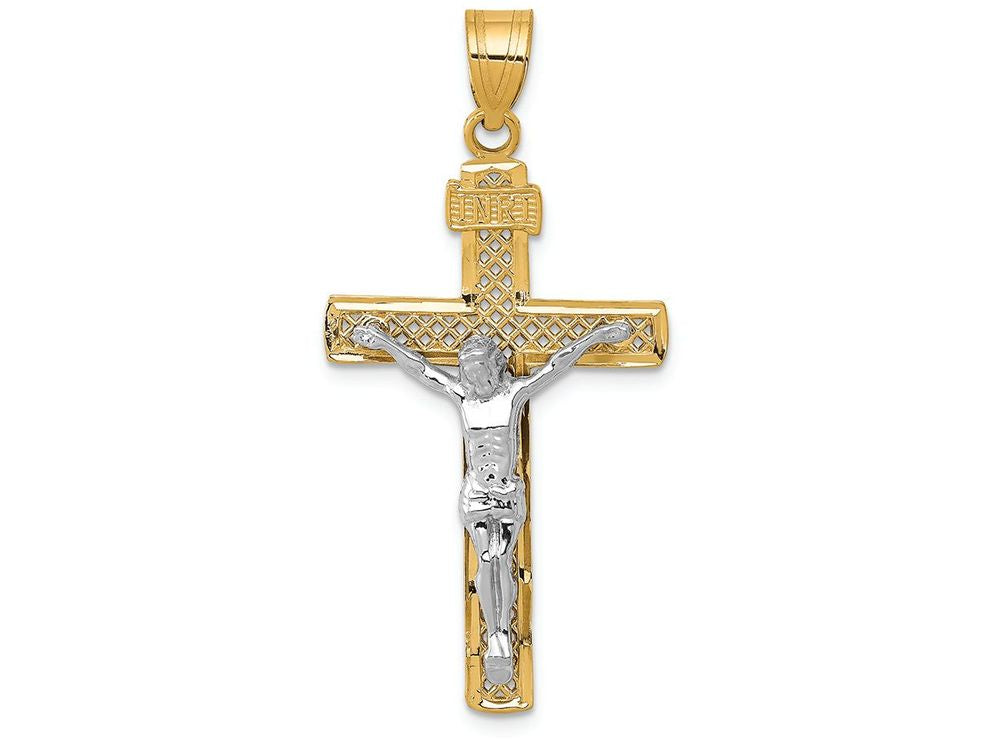 FJC Finejewelers 14k Two-tone Gold Bright Cut Large Block Lattice Cross with Crucifix Charm