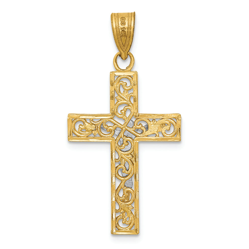 FJC Finejewelers 14k Two-tone Gold Bright Cut Small Block Filigree Cross with Crucifix Charm
