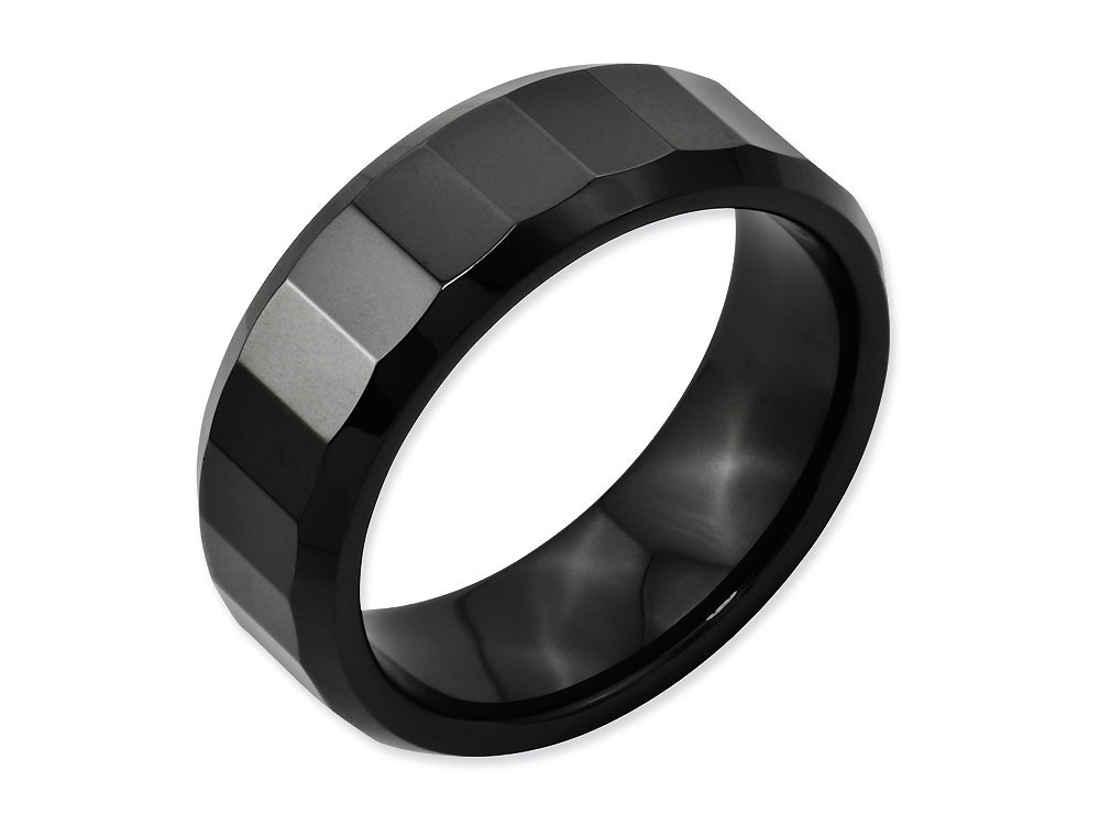 Chisel Ceramic Beveled Edge Black Faceted 8mm Polished Wedding Band