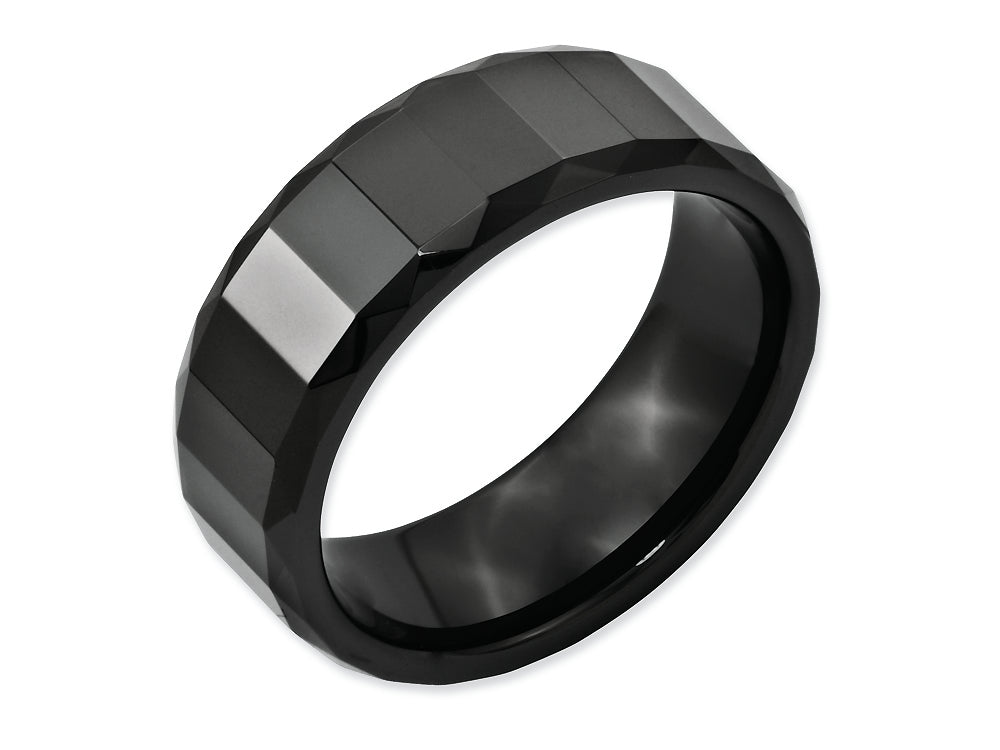 Chisel Ceramic Black Faceted 8mm Polished Beveled Edge Wedding Band