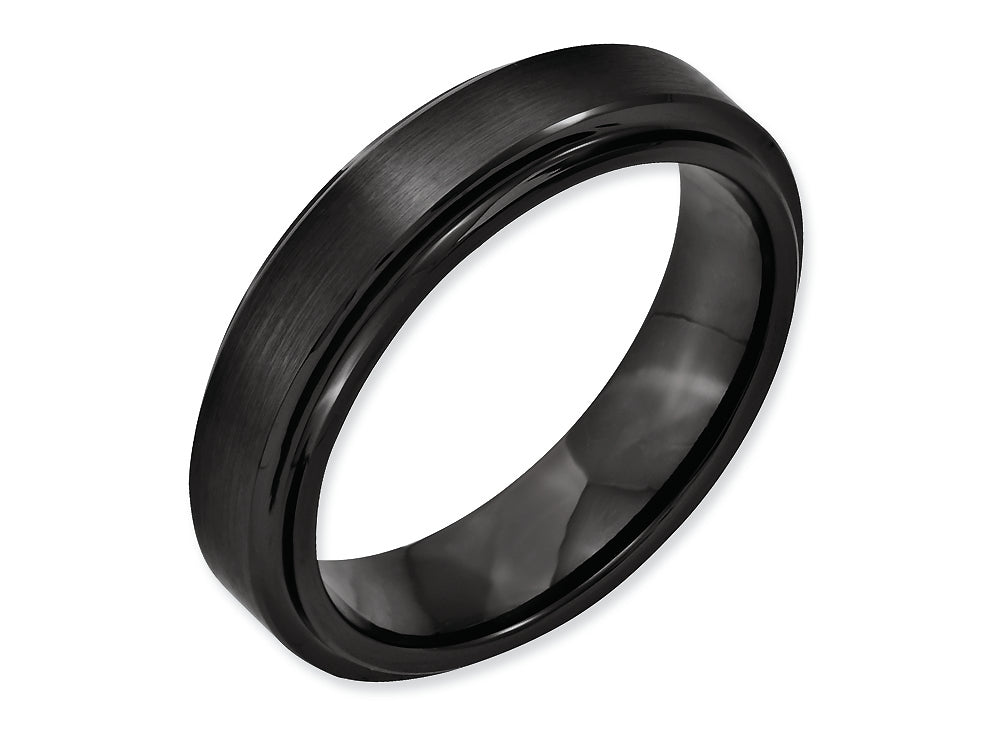 Chisel Black Ceramic Ridged Edge 6mm Brushed And Polished Wedding Band