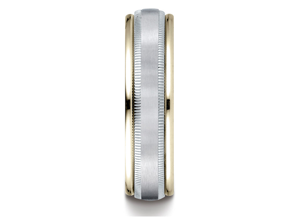 Benchmark 14 kt Two Tone Goldd 6mm Comfort-fit Satin Finish Carved Design Wedding Band Ring With Milgrain