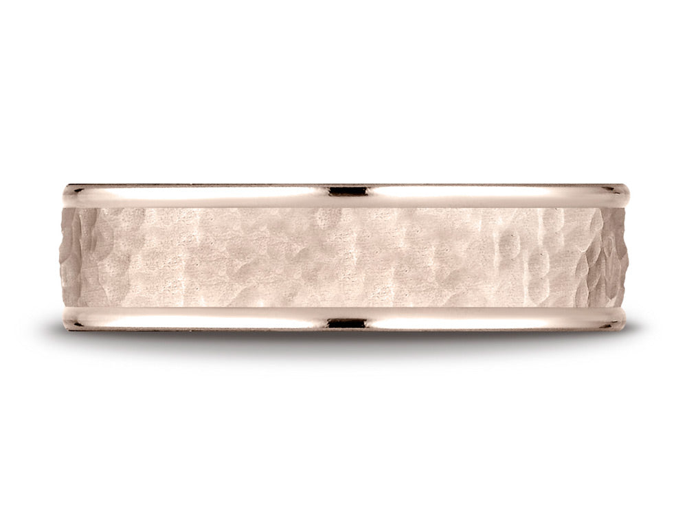 Benchmark 14k Rose Gold Comfort Fit 6mm High Polish Edge Hammered Center Design Wedding Band Ring