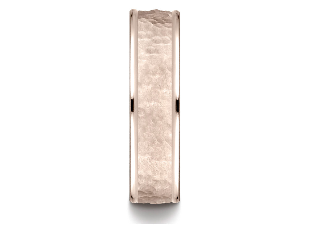 Benchmark 14k Rose Gold Comfort Fit 6mm High Polish Edge Hammered Center Design Wedding Band Ring